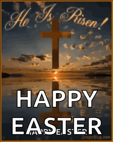 a happy easter greeting card with a cross in the water and the sun shining through the clouds .