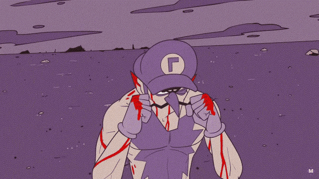 a cartoon of a man wearing a purple hat with a g on it
