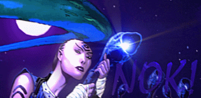 a drawing of a woman holding a blue object with the word noki on the bottom right