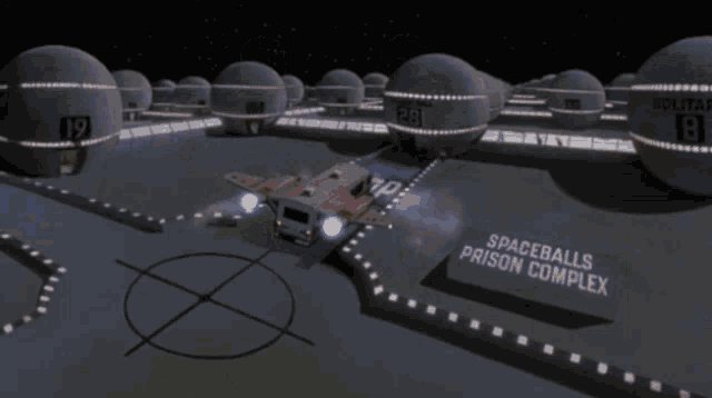 a computer generated image of spaceballs prison complex with the number 28 in the background