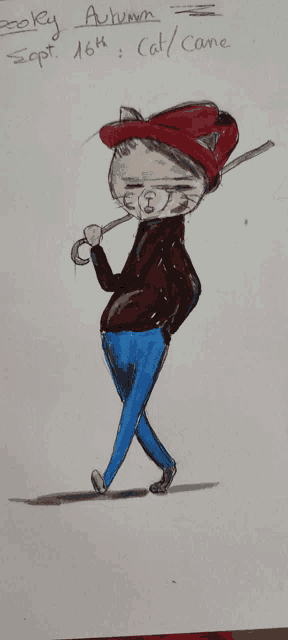 a drawing of a cat wearing glasses and a red hat with the date september 16th