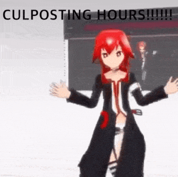 a 3d anime girl with red hair is standing in front of a white wall with her arms outstretched .