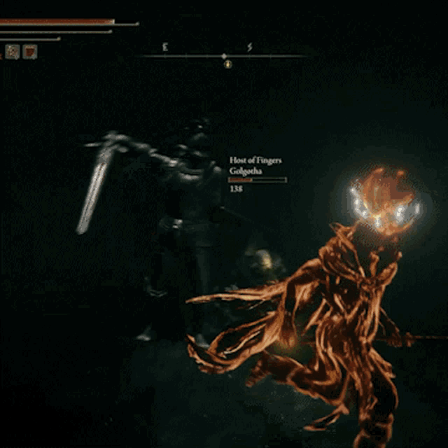 a screenshot of a video game shows a knight fighting a demon named ' ghost of fingers '