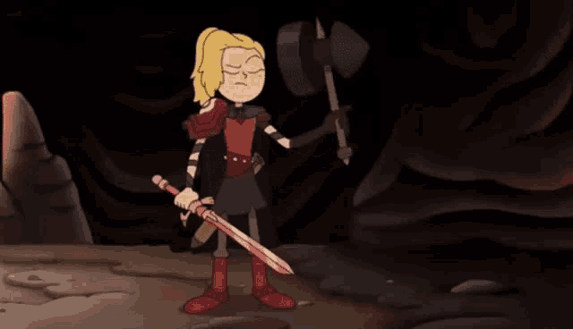 a cartoon character is holding a large axe and a sword .