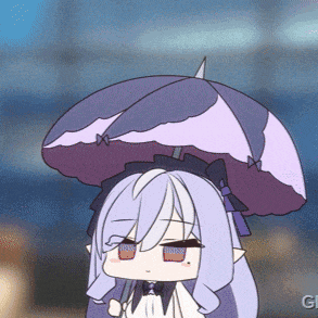 a cartoon girl with a purple umbrella on her head