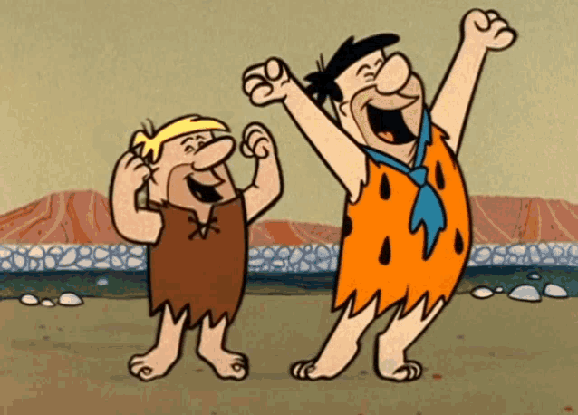 two cartoon characters standing next to each other with their hands in the air