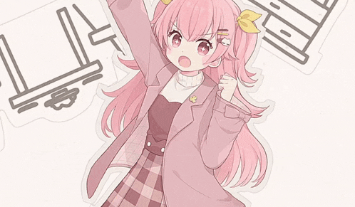 a girl with pink hair and a yellow bow on her head is surrounded by japanese writing