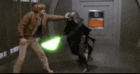 a man with a green lightsaber is fighting another man with a black helmet