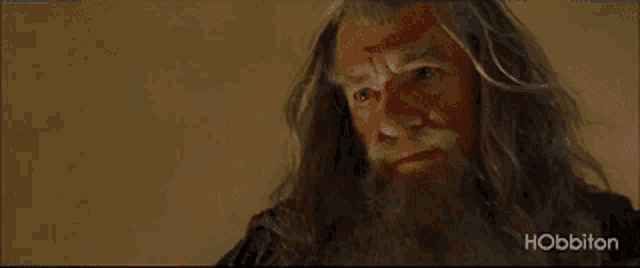 a man with a beard is standing in a room with the word hobbiton on the bottom left