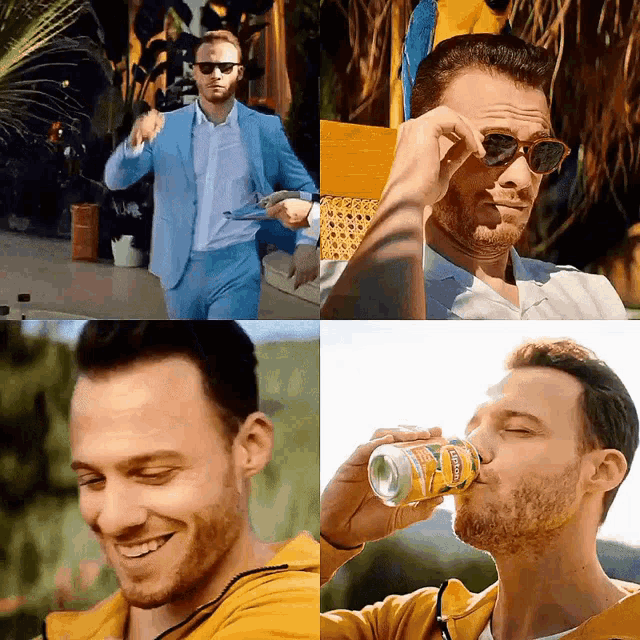 a man in a blue suit is drinking a can of sprite