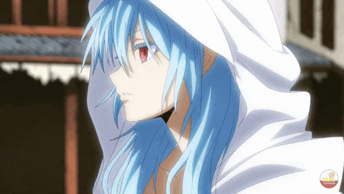 a blue haired anime character with red eyes and a white hood