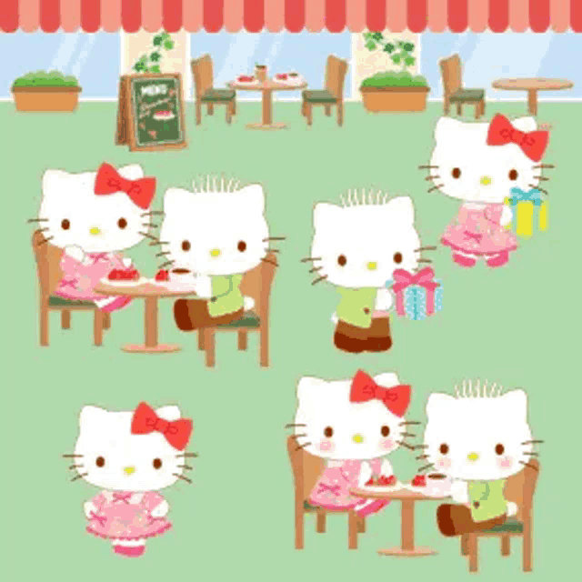 a cartoon of hello kitty sitting at a table in a cafe
