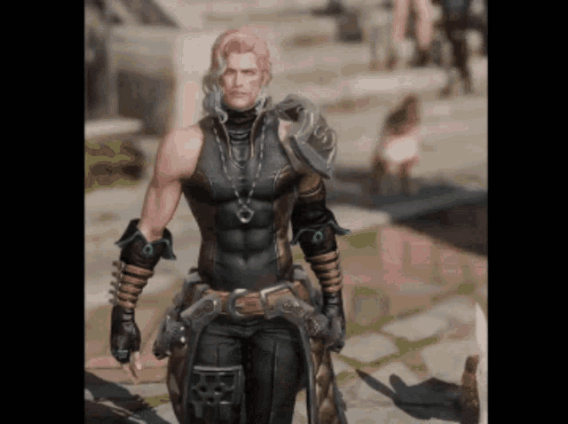 a man with pink hair is wearing a black vest and gloves