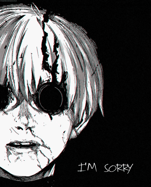 a black and white drawing of a person with the words " i 'm sorry " on the bottom