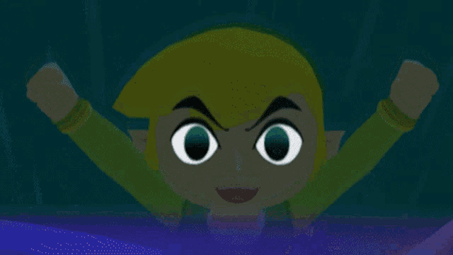 a cartoon character with a green shirt and green hair is raising his fist in the air