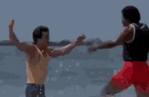 two men are fighting on a beach with the words il fratacchione mio bello
