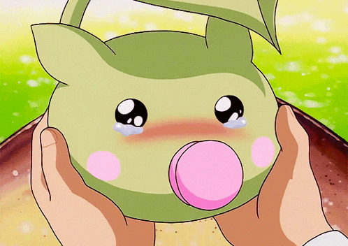 a cartoon character with a pink bubble in its mouth
