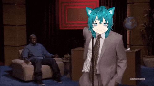 a man in a suit and tie is standing in front of a microphone with an anime character on his face