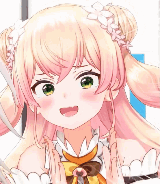 a close up of a girl with pink hair and a flower in her hair