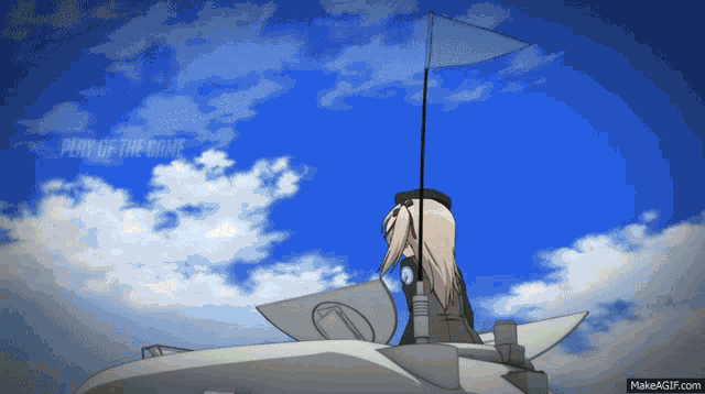 a girl sitting on top of a plane with the words " play of the crisis " written in the sky