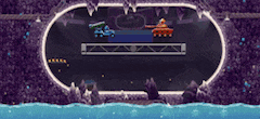 a video game scene with a purple background and a purple circle