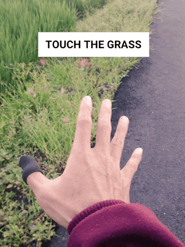 a person 's hand is reaching out towards a grassy field with the words touch the grass below it