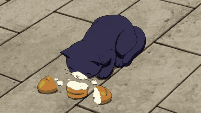 a black cat with yellow eyes is sitting on a tiled floor next to some bread