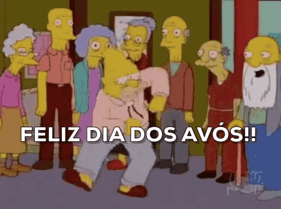 a group of cartoon characters standing next to each other with feliz dia dos avos written on the bottom right