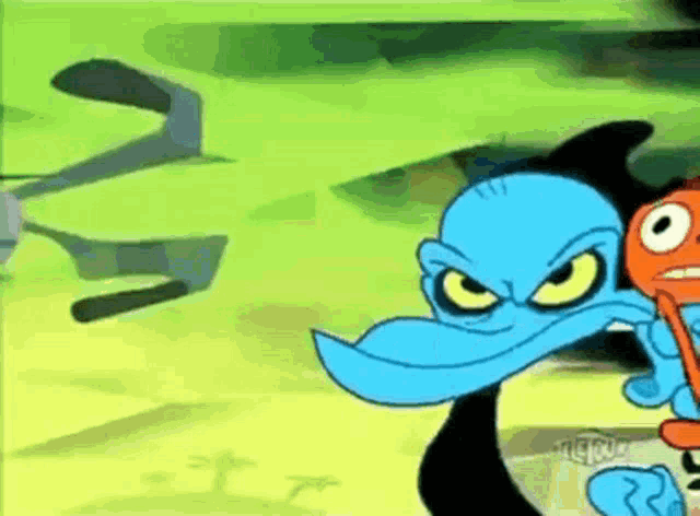 a cartoon character with a blue head and yellow eyes