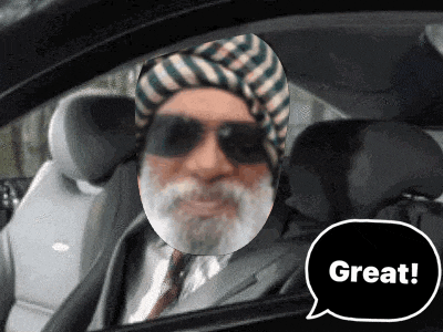 a man wearing a turban and sunglasses is driving a car and a speech bubble says great .