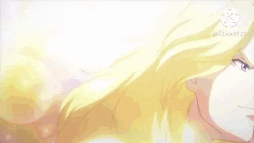 a close up of a cartoon character with blonde hair and a purple background .