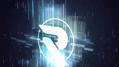 a glowing r in a circle with a dark background
