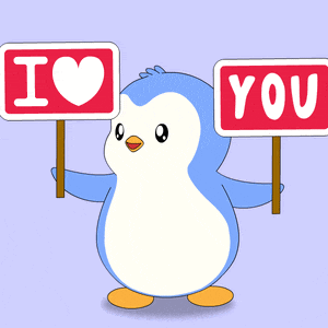 a penguin is holding up two signs that say i heart you