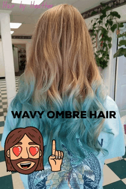 a woman with wavy ombre hair is wearing a shirt with jesus on it