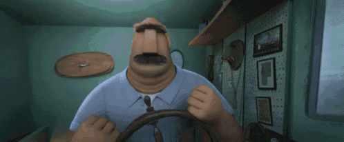 a cartoon character is driving a car and the word nope is on the screen