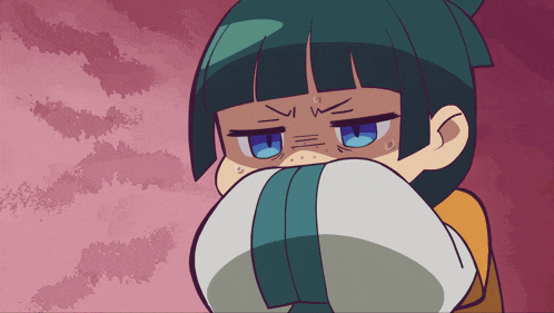 a cartoon of a girl with blue eyes covering her face with her hands