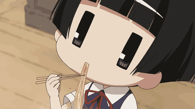 a girl is eating noodles with chopsticks and a bow