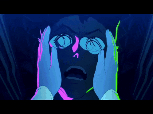 a cartoon drawing of a man and woman kissing with glowing green lines on their faces