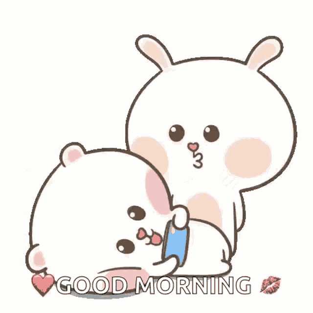 a cartoon rabbit is kissing another rabbit with the words `` good morning '' .
