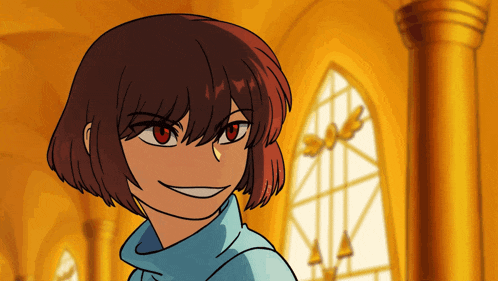 a cartoon drawing of a girl with red eyes and a blue sweater