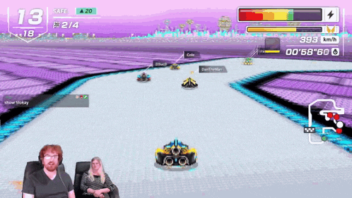 a man and a woman are playing a video game with a score of 13