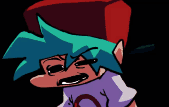 a cartoon character with blue hair and a purple shirt with the letter o on it