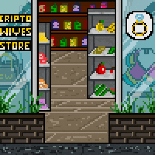 a pixel art drawing of a store with the words crypto hives store on it