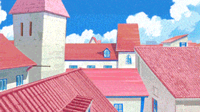 a cartoon drawing of a city with pink roofs