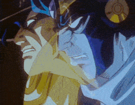 a close up of a cartoon character 's face with a yellow and blue background