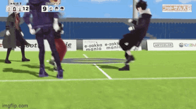 a group of people are playing soccer on a field with a sign that says e-zakka mania mania