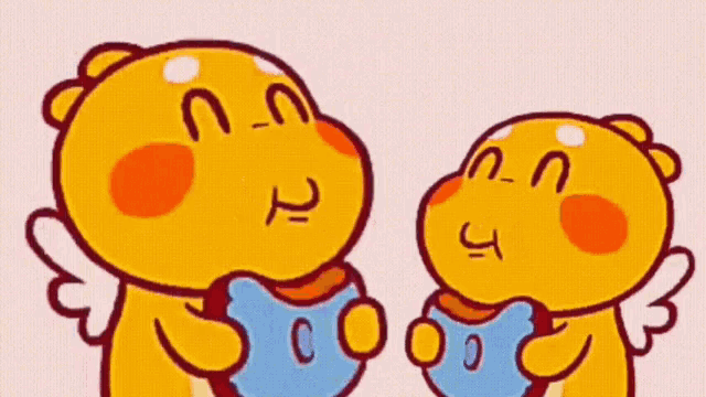 a couple of cartoon characters are holding a blue circle with the letter c on it .