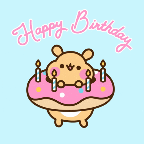 a happy birthday greeting card with a hamster on a donut with candles