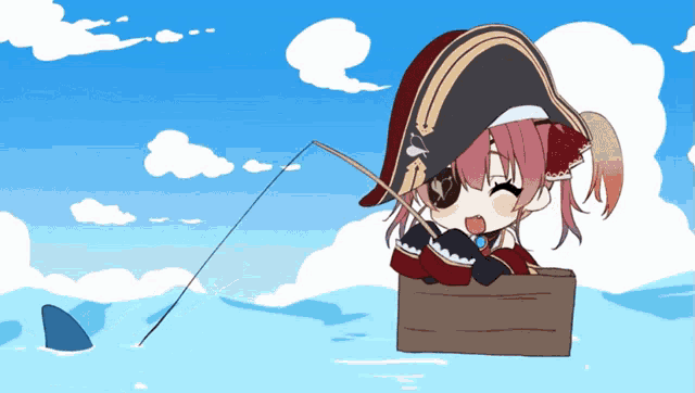 a cartoon of a girl in a pirate outfit fishing