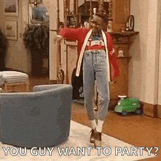 a woman is dancing in a living room with the words `` you guy want to party '' written on the floor .